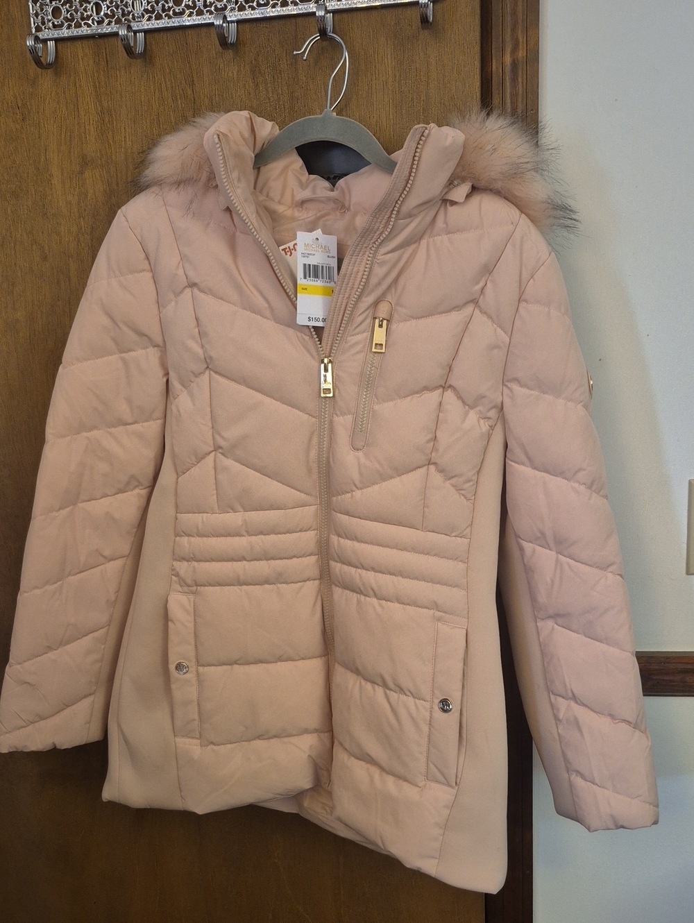 Michael Kors Blush Quilted Hooded Puffer with Faux Fur Trim